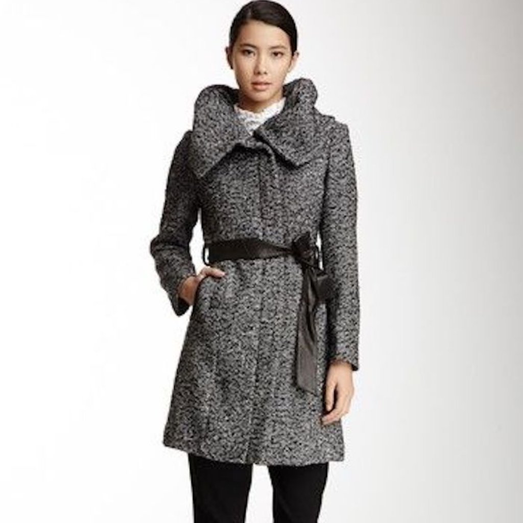Cole Haan Wool Blend Leather Trimmed Twill Coat